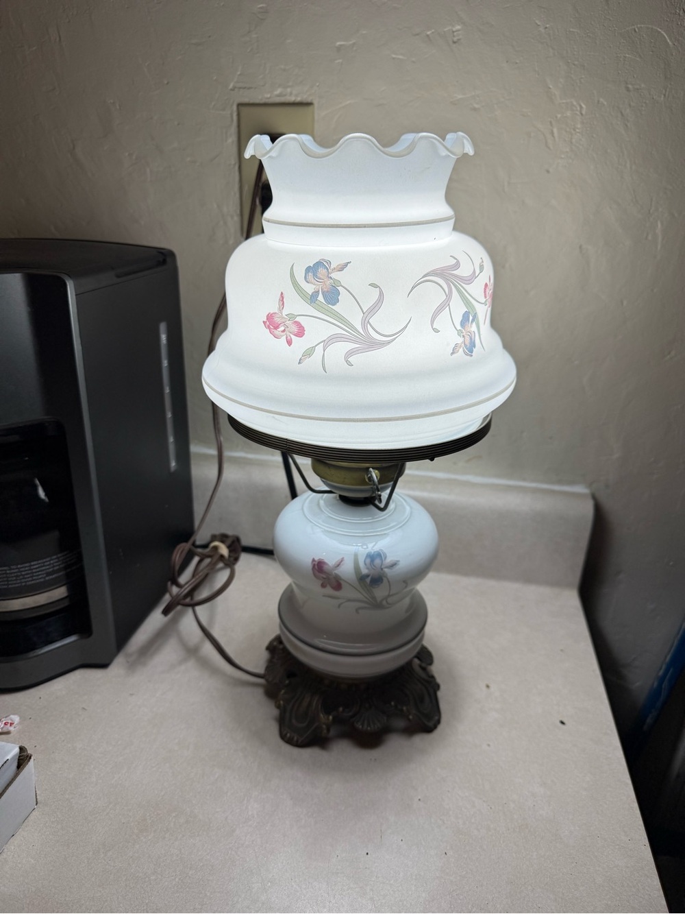 Vintage Floral White Table Lamp with Hand-Painted Accents Hurricane milk glass